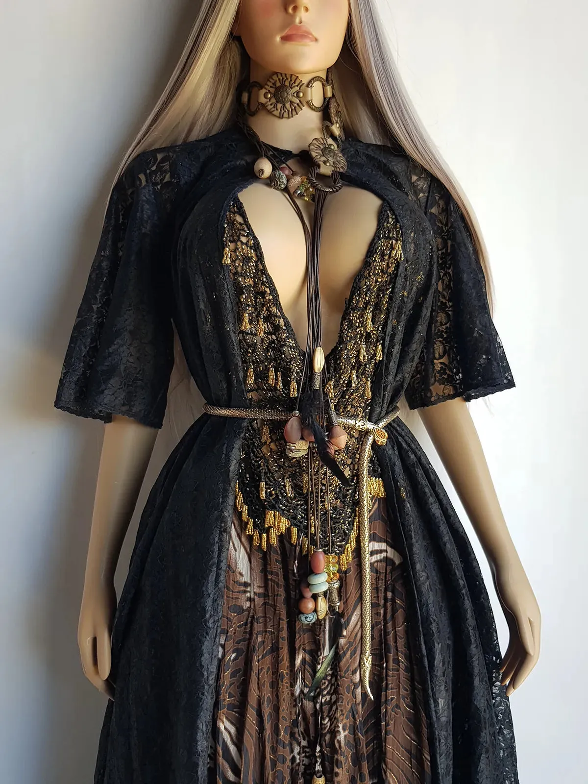 1950s Vintage Lace Robe / Duster Coat - Full Length - Ornate Floral Lace - Button closure at neck - Dramatic Sleeves