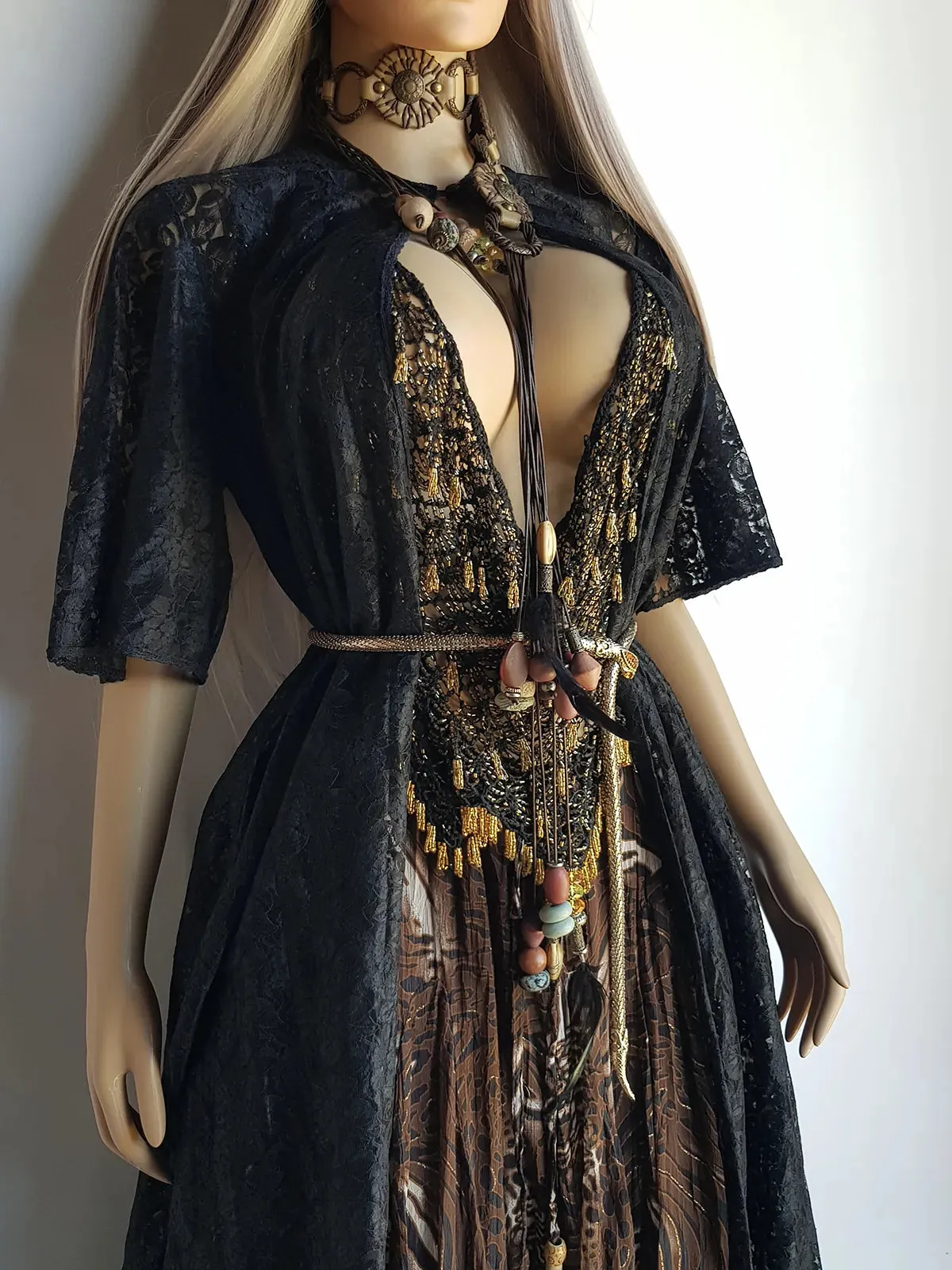 1950s Vintage Lace Robe / Duster Coat - Full Length - Ornate Floral Lace - Button closure at neck - Dramatic Sleeves