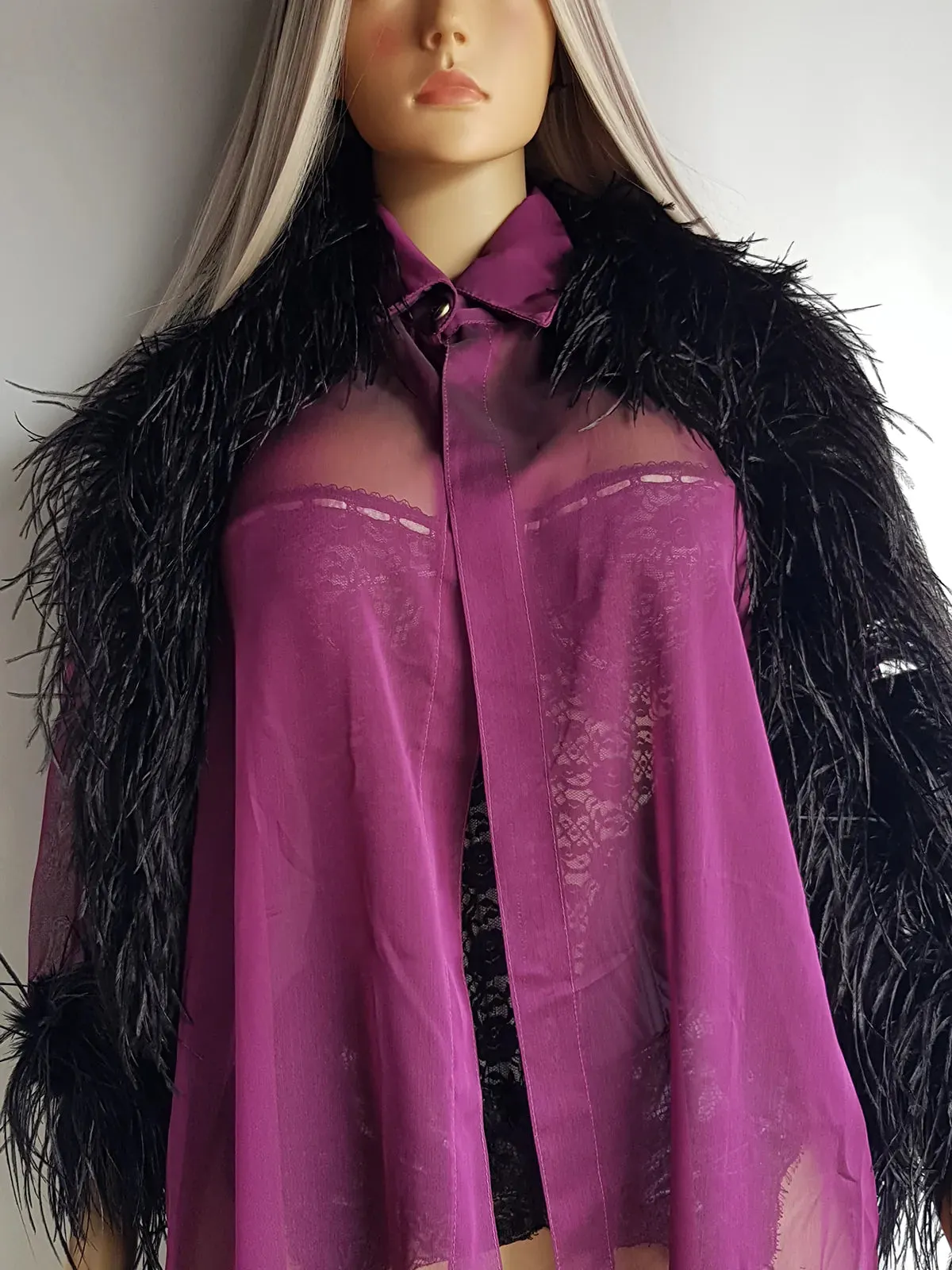 1990s Peekaboo Sheer Purple Ostrich Feather Sleeve Duster Coat - Gold Button Collar - Open Front - Floaty & Delicate - Wear Multiple Ways