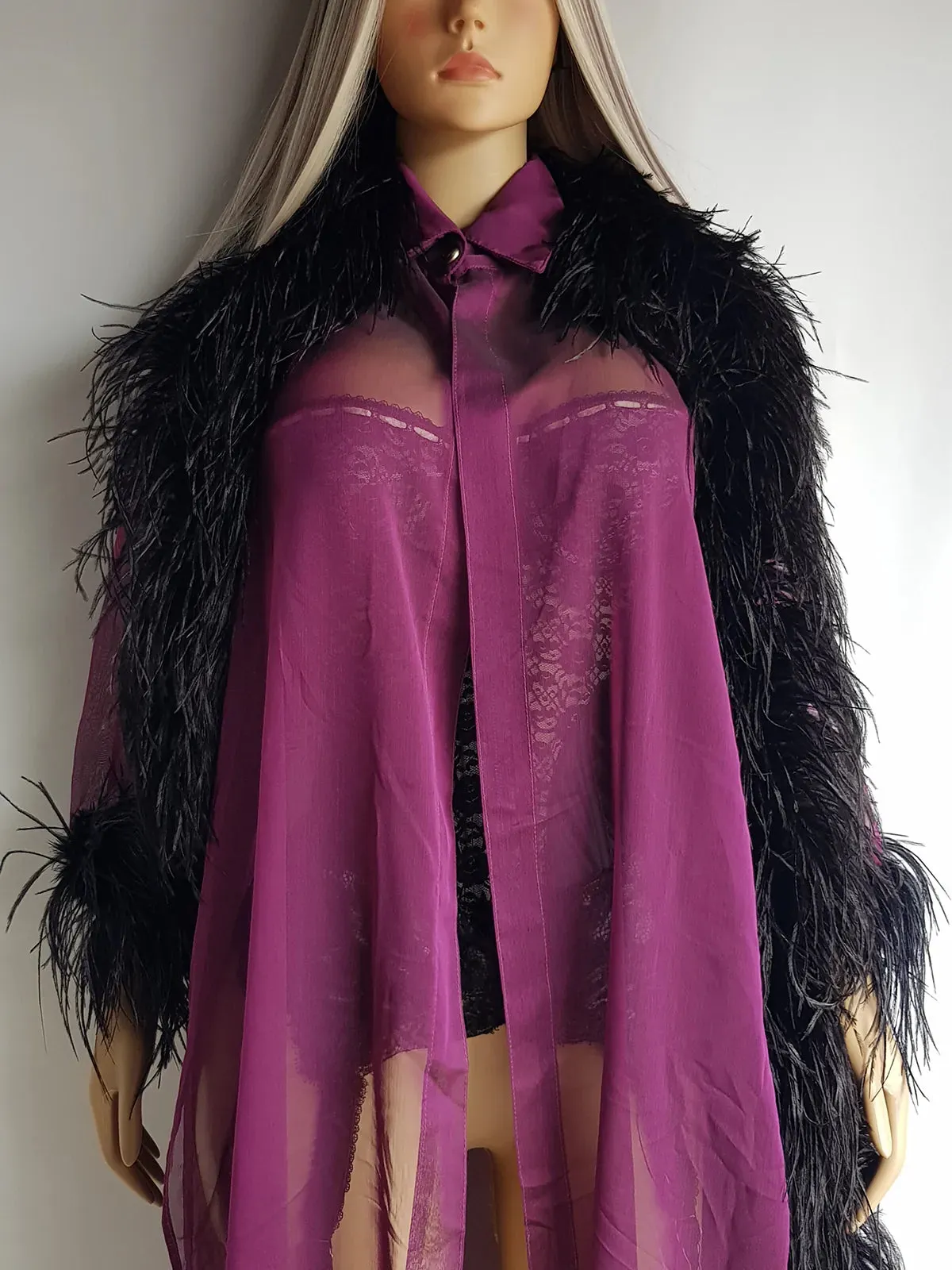1990s Peekaboo Sheer Purple Ostrich Feather Sleeve Duster Coat - Gold Button Collar - Open Front - Floaty & Delicate - Wear Multiple Ways