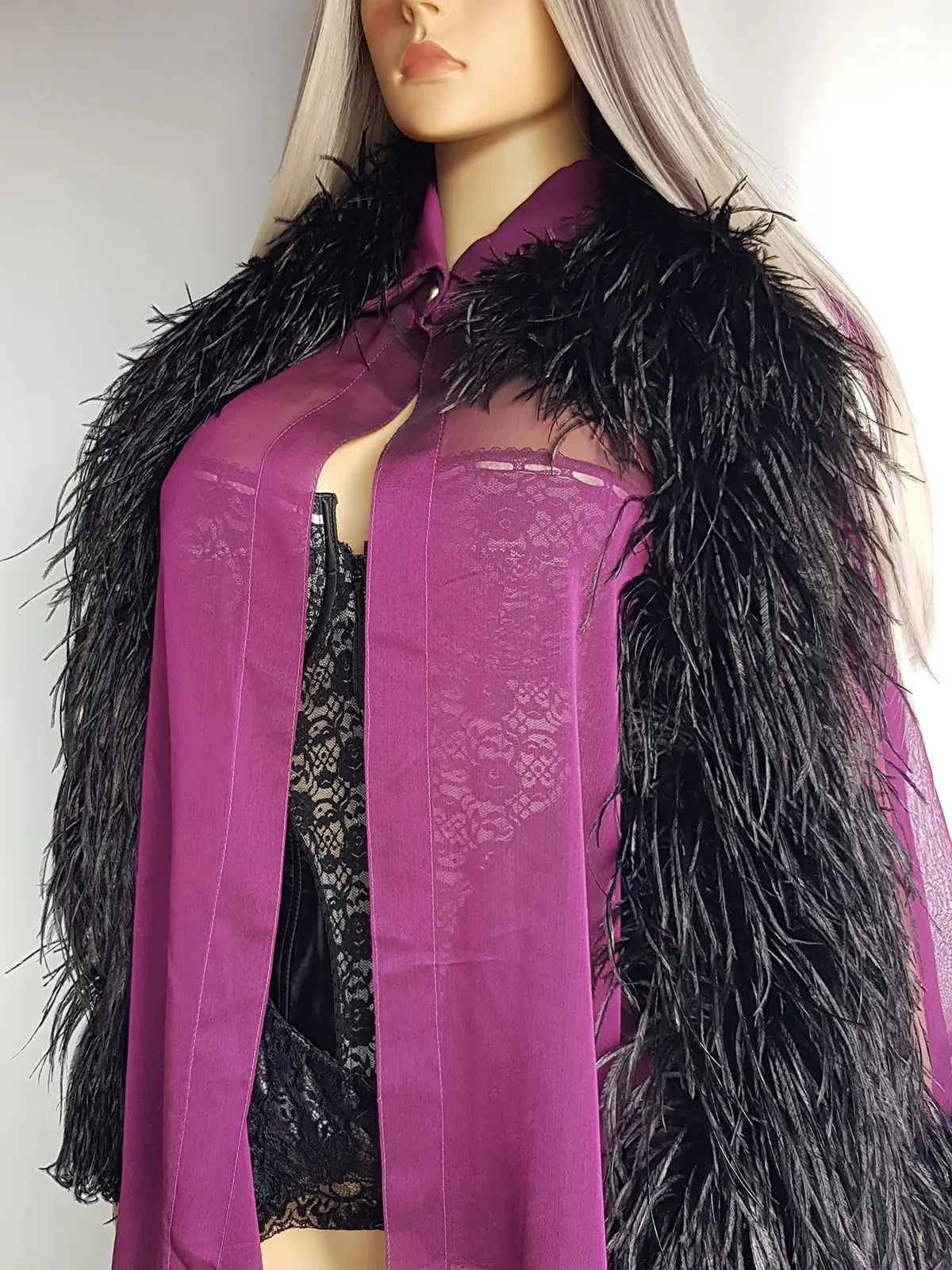 1990s Peekaboo Sheer Purple Ostrich Feather Sleeve Duster Coat - Gold Button Collar - Open Front - Floaty & Delicate - Wear Multiple Ways