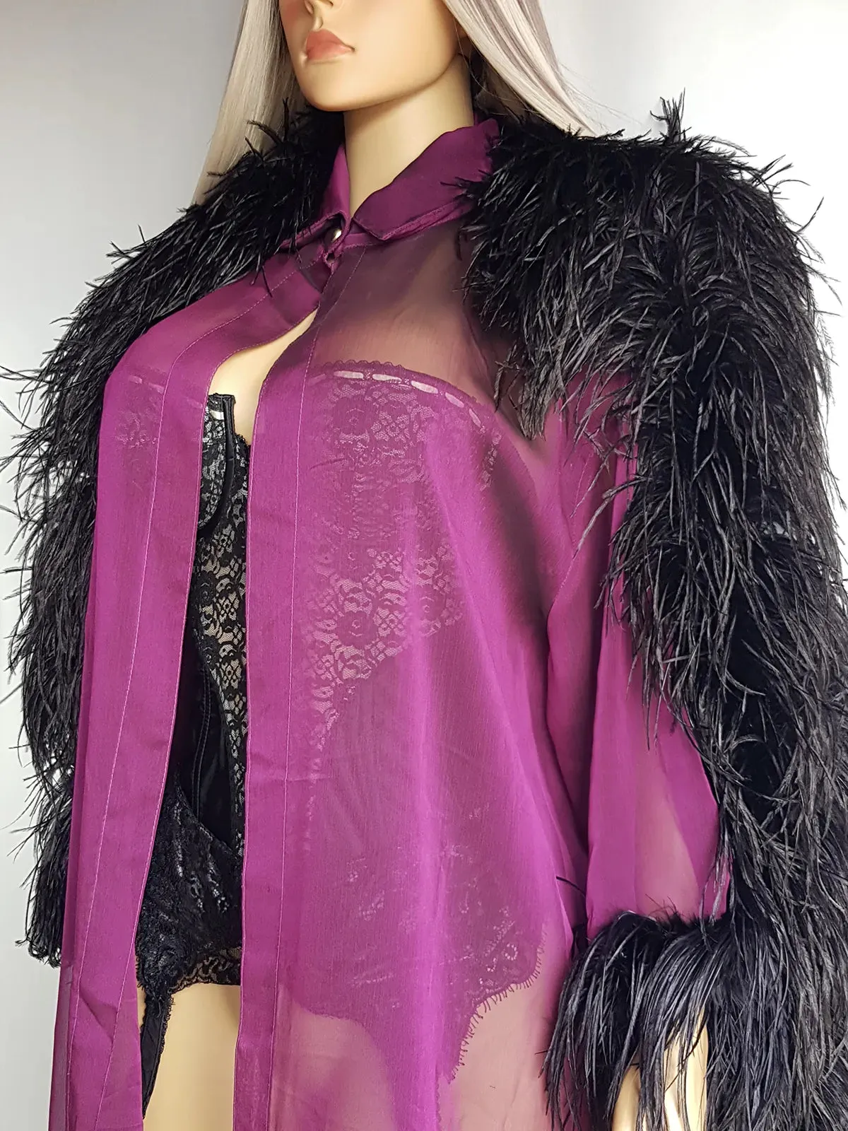 1990s Peekaboo Sheer Purple Ostrich Feather Sleeve Duster Coat - Gold Button Collar - Open Front - Floaty & Delicate - Wear Multiple Ways