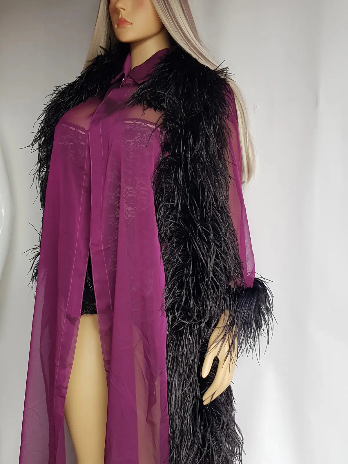 1990s Peekaboo Sheer Purple Ostrich Feather Sleeve Duster Coat - Gold Button Collar - Open Front - Floaty & Delicate - Wear Multiple Ways