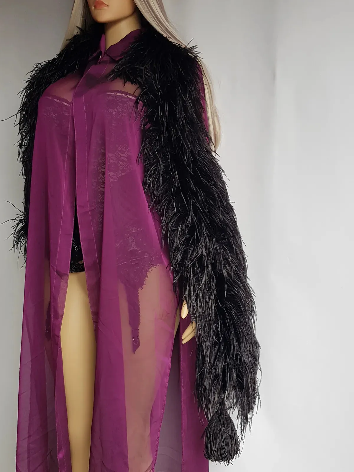 1990s Peekaboo Sheer Purple Ostrich Feather Sleeve Duster Coat - Gold Button Collar - Open Front - Floaty & Delicate - Wear Multiple Ways