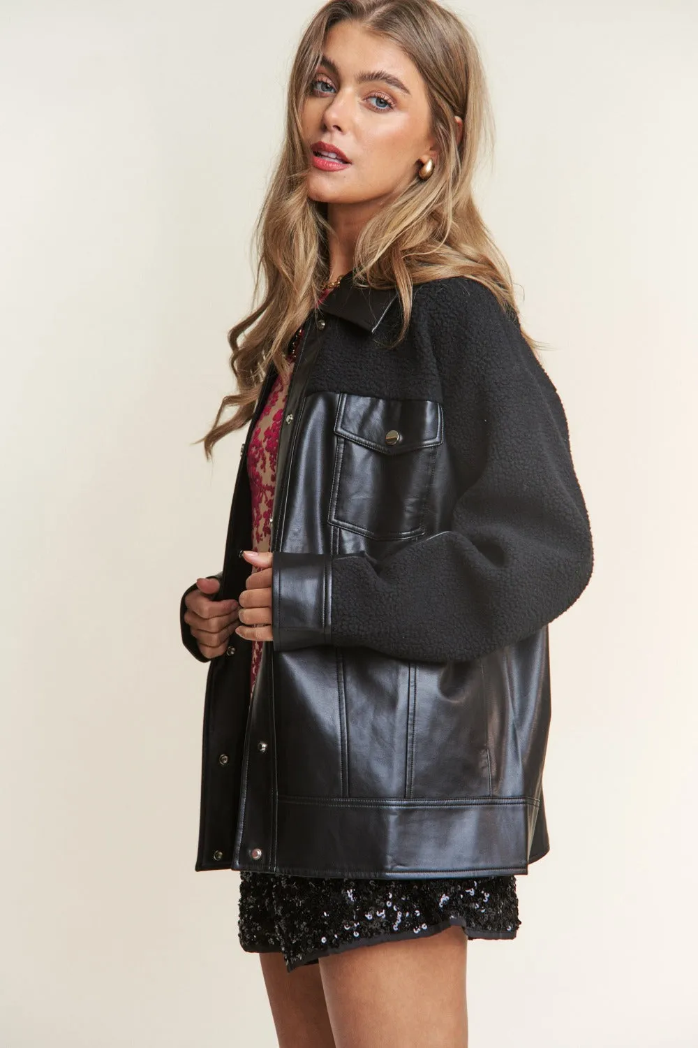 Blue Zone Planet |  J.NNA Faux Leather Sherpa Contrast Snap Down Jacket