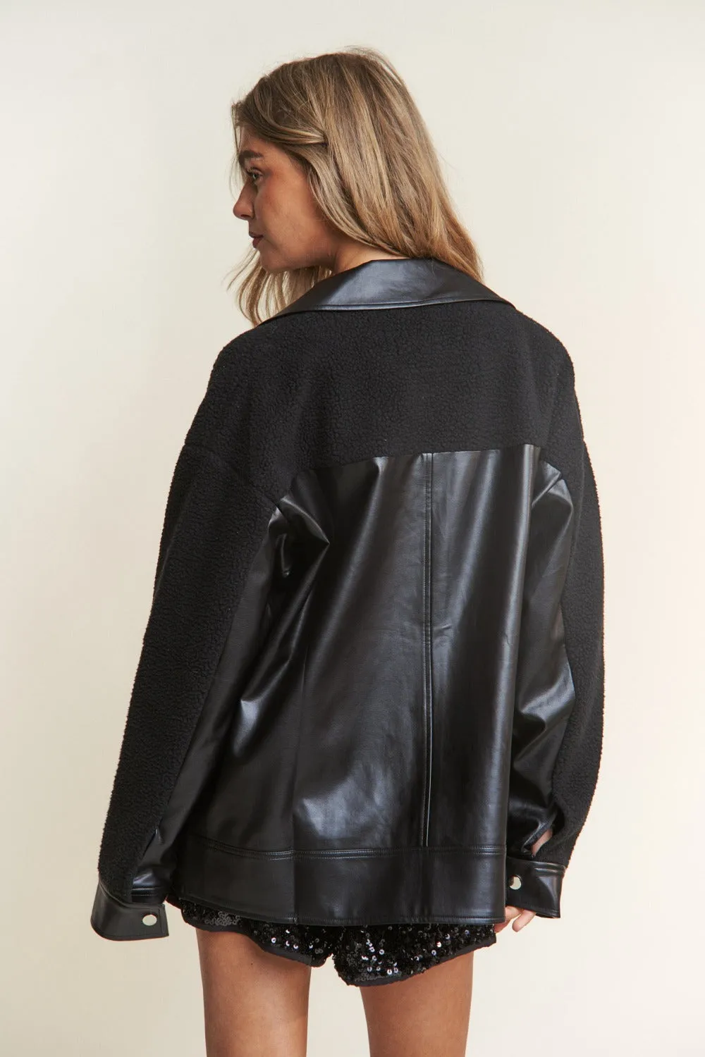 Blue Zone Planet |  J.NNA Faux Leather Sherpa Contrast Snap Down Jacket