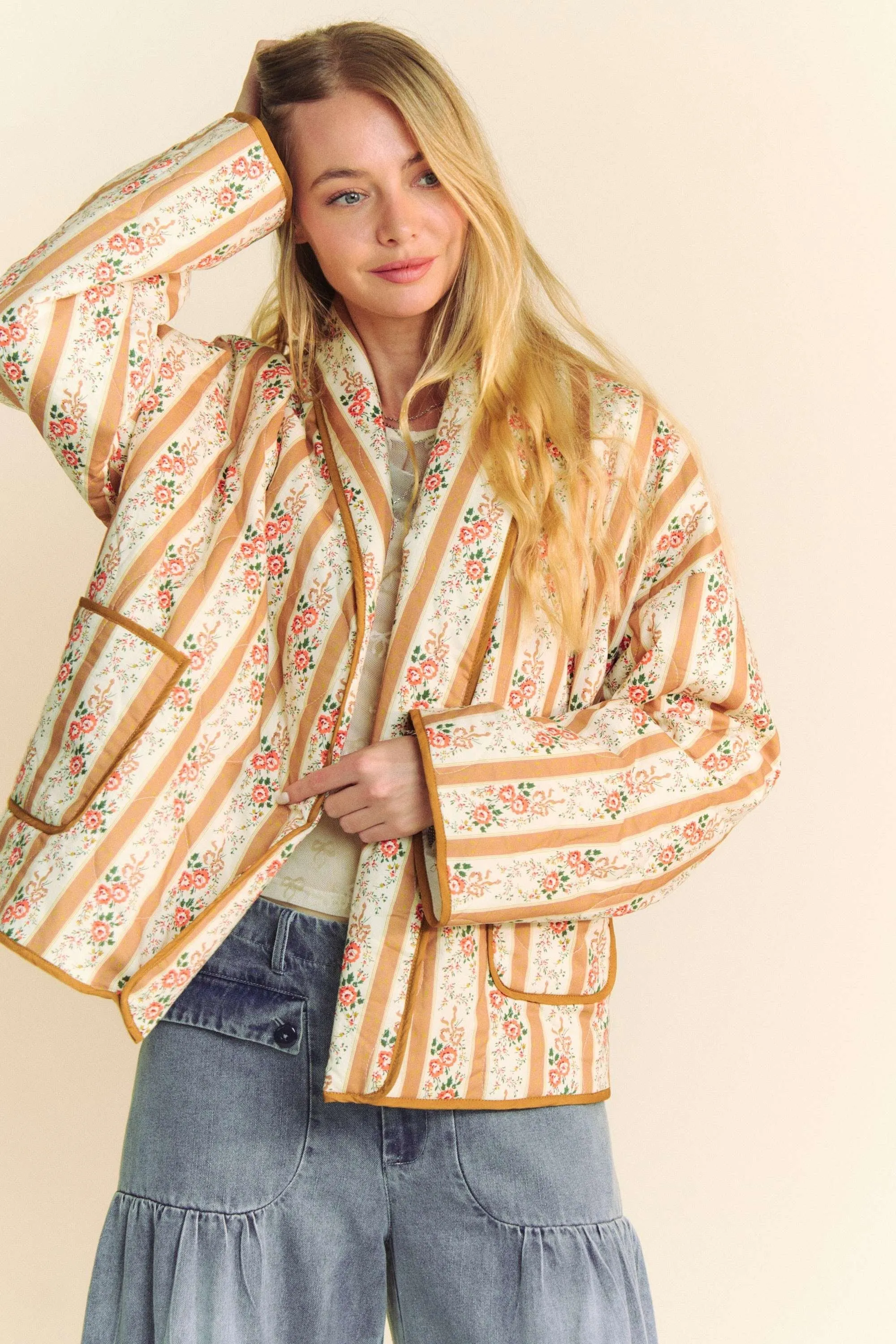 Camel Quilted Wallpaper Print Open Jacket