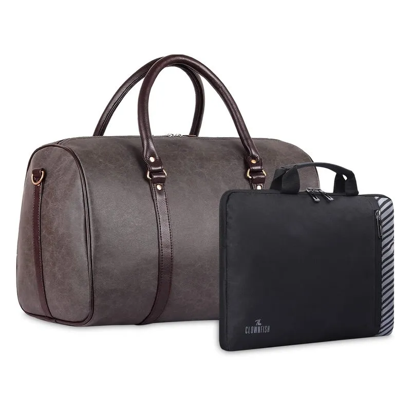 Combo: Lincoln Vegan Leather Duffel Bag & Rex Series 15.6 Laptop Sleeve | Spacious, Stylish | 29L | Ash Grey