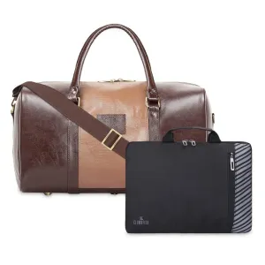 Combo: The Clownfish Ambiance Faux Leather Duffle Bag & Rex Laptop Sleeve | 20L | Brown