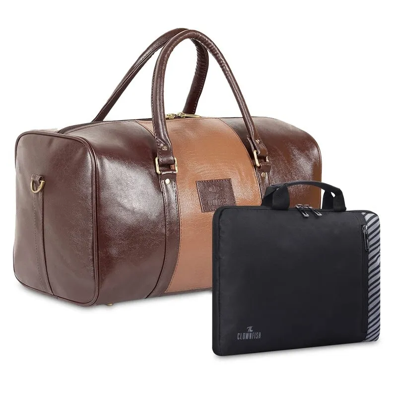 Combo: The Clownfish Ambiance Faux Leather Duffle Bag & Rex Laptop Sleeve | 20L | Brown