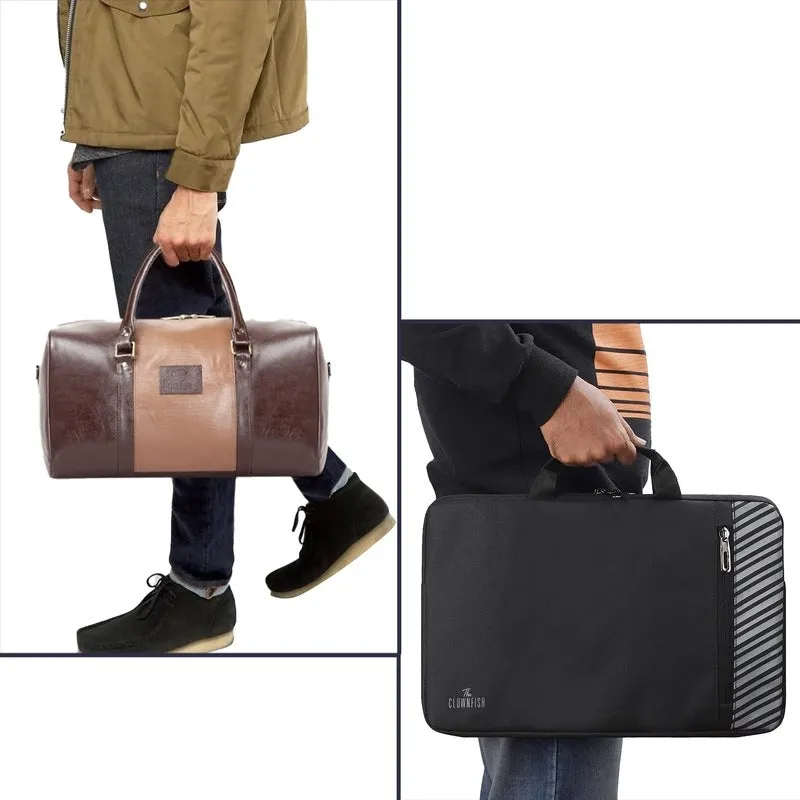 Combo: The Clownfish Ambiance Faux Leather Duffle Bag & Rex Laptop Sleeve | 20L | Brown