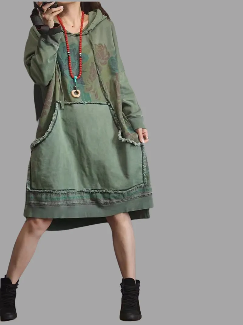 contrast color denim loose large size midi length hoodie