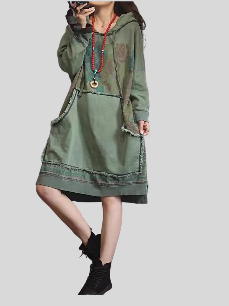 contrast color denim loose large size midi length hoodie