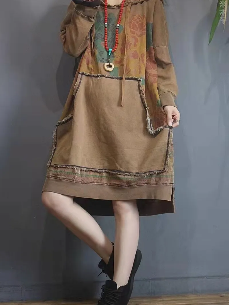 contrast color denim loose large size midi length hoodie
