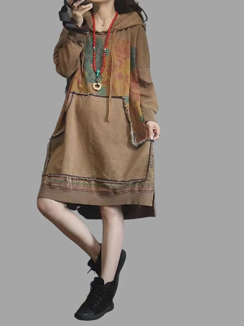 contrast color denim loose large size midi length hoodie