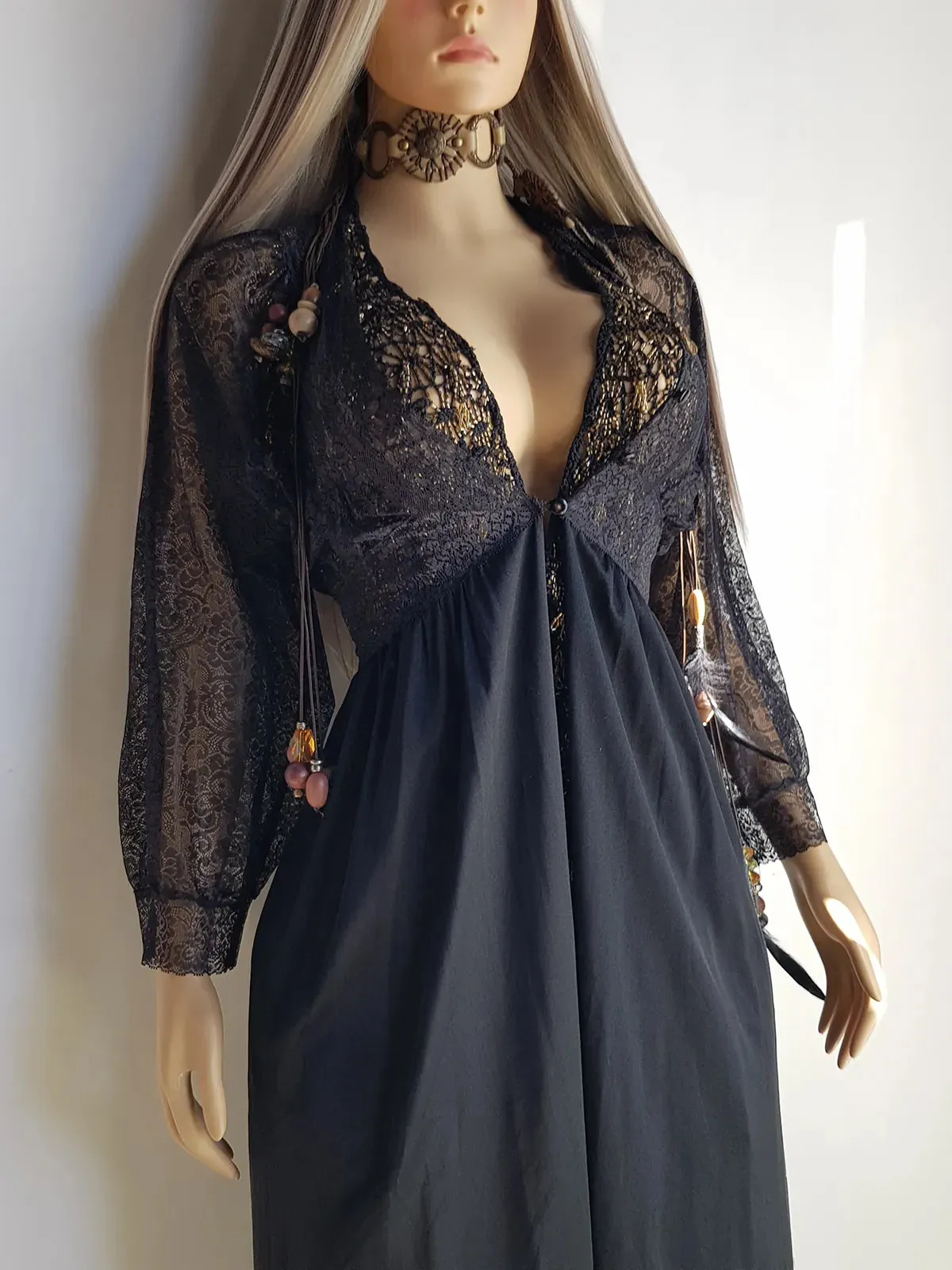 Gothic Romantic Robe / Duster Coat in Pitch Black Lace - Hourglass Shape with Button Under Bust - Lace Bodice and Sleeves - Full Length