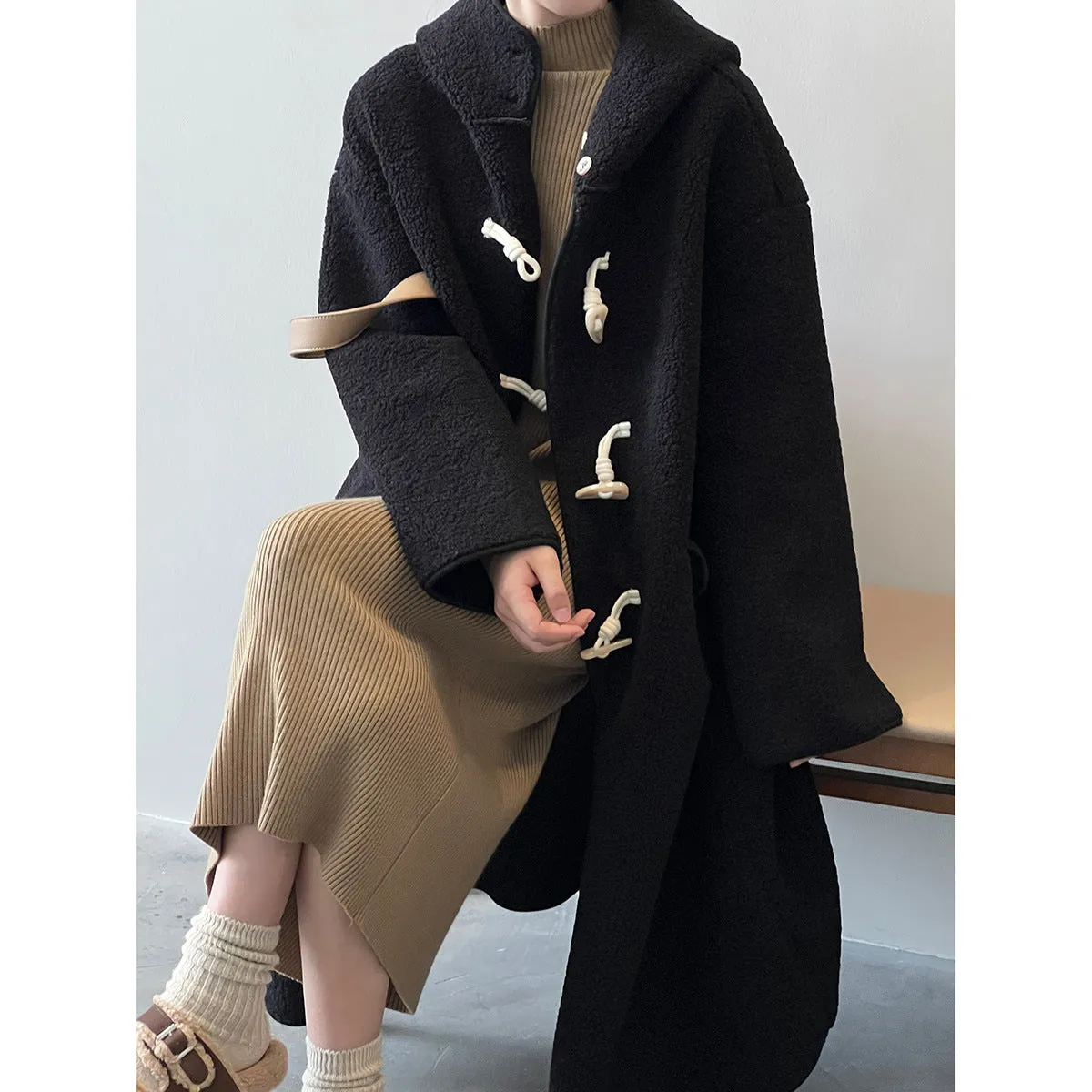 Hooded Faux Sherpa Long Oversized Horn Button Shearling Coat