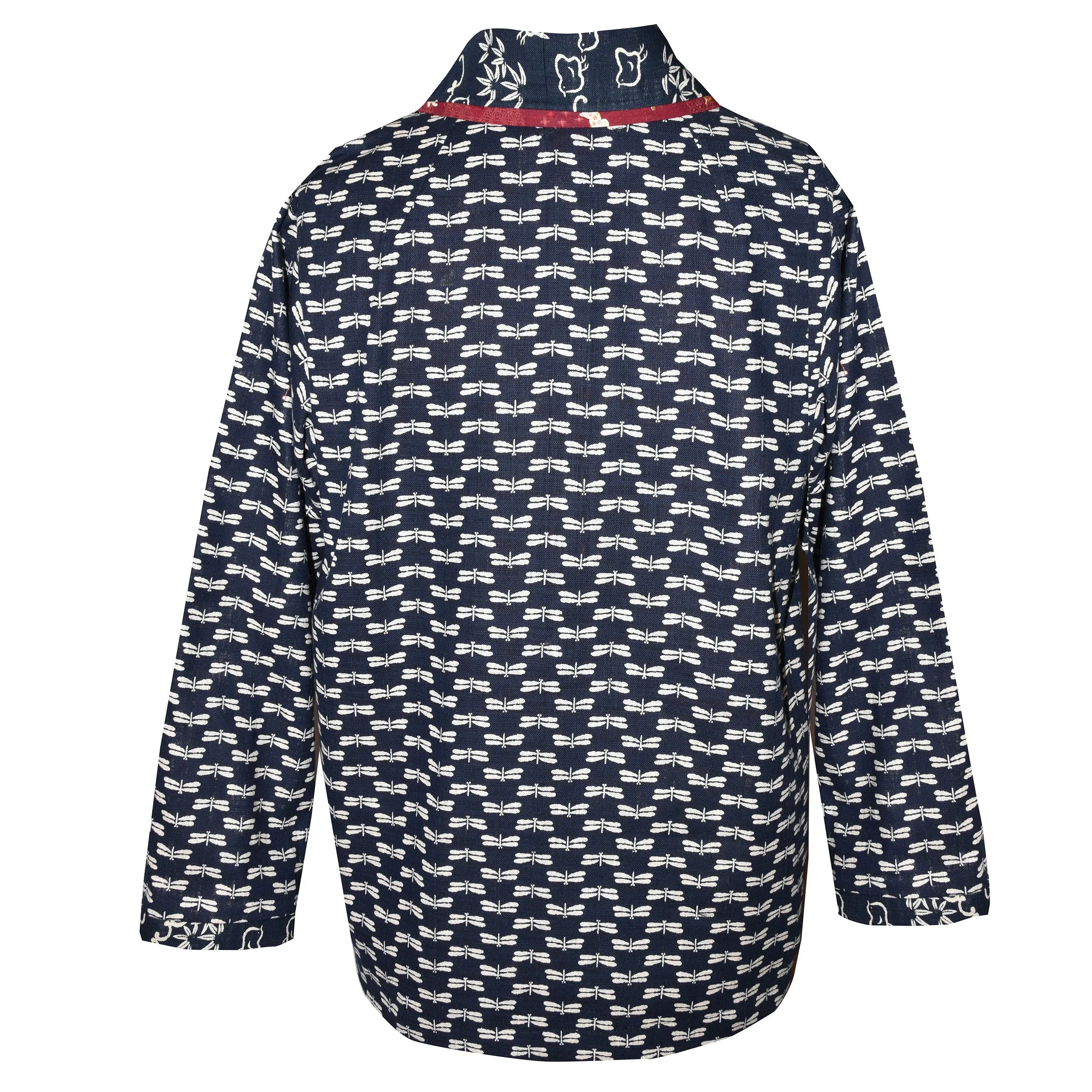 Japanese Deep Indigo Cotton Kimono Jacket with Contrast Neckband and Horn Button