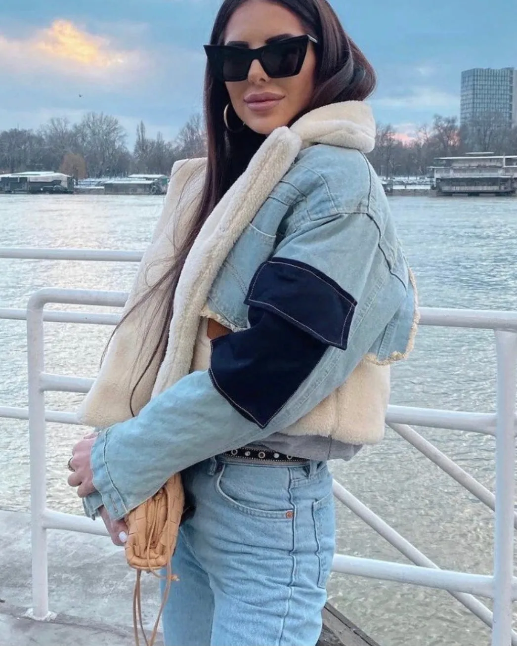 LESLIE PATCHWORK DENIM SHERPA JACKET