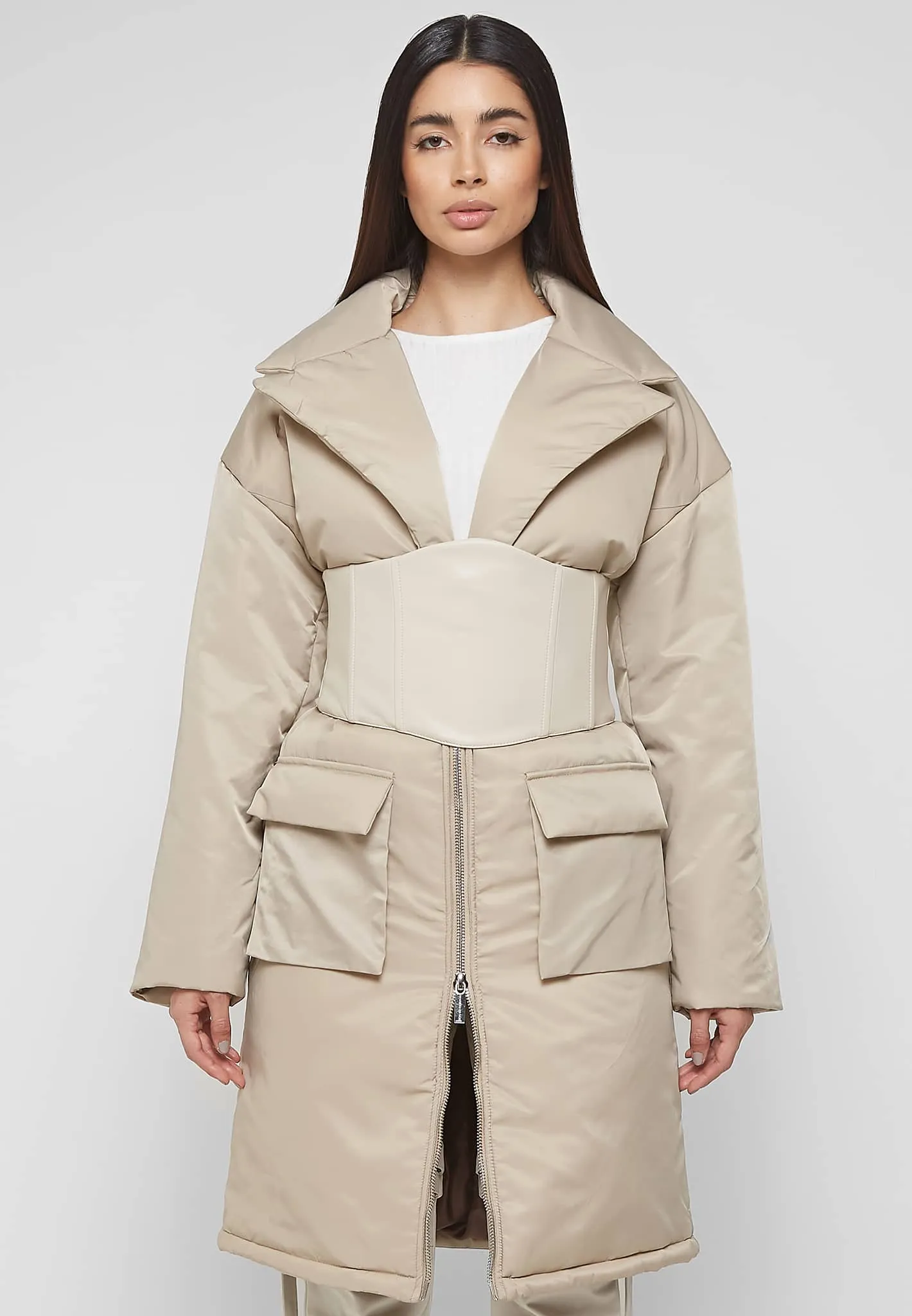 Longline Corset Puffer Coat - Beige