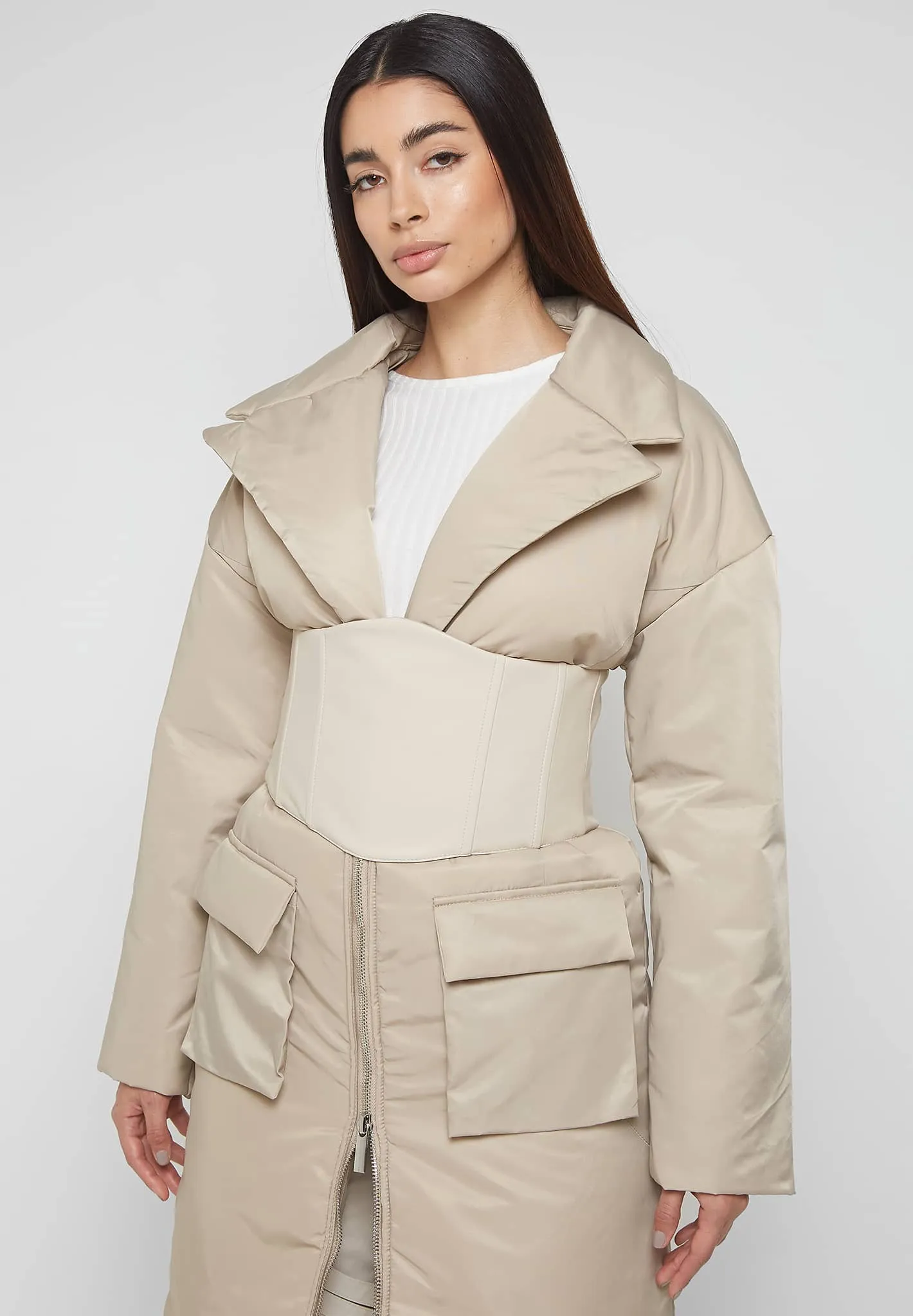 Longline Corset Puffer Coat - Beige