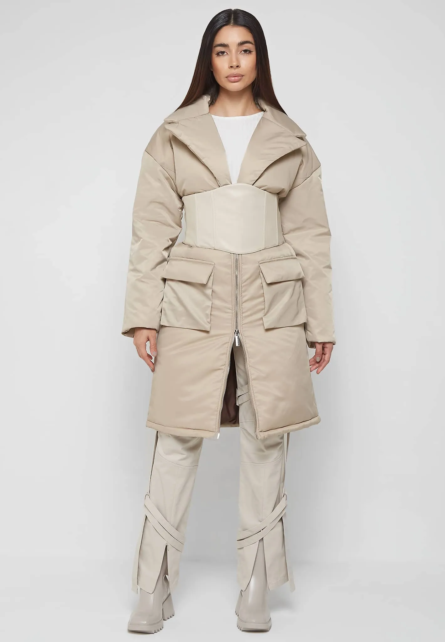Longline Corset Puffer Coat - Beige