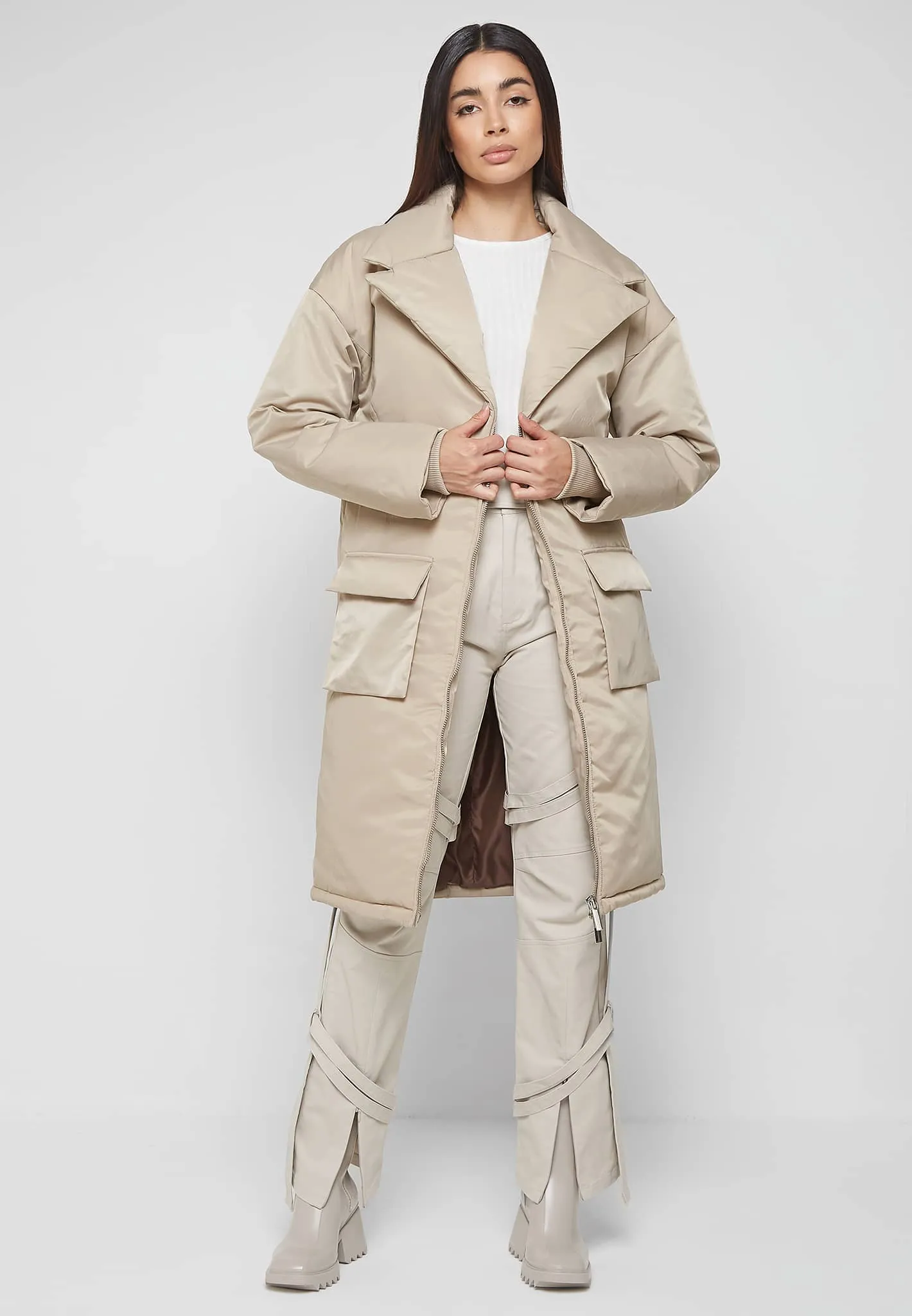 Longline Corset Puffer Coat - Beige