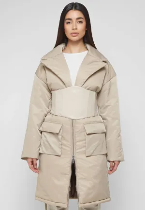 Longline Corset Puffer Coat - Beige