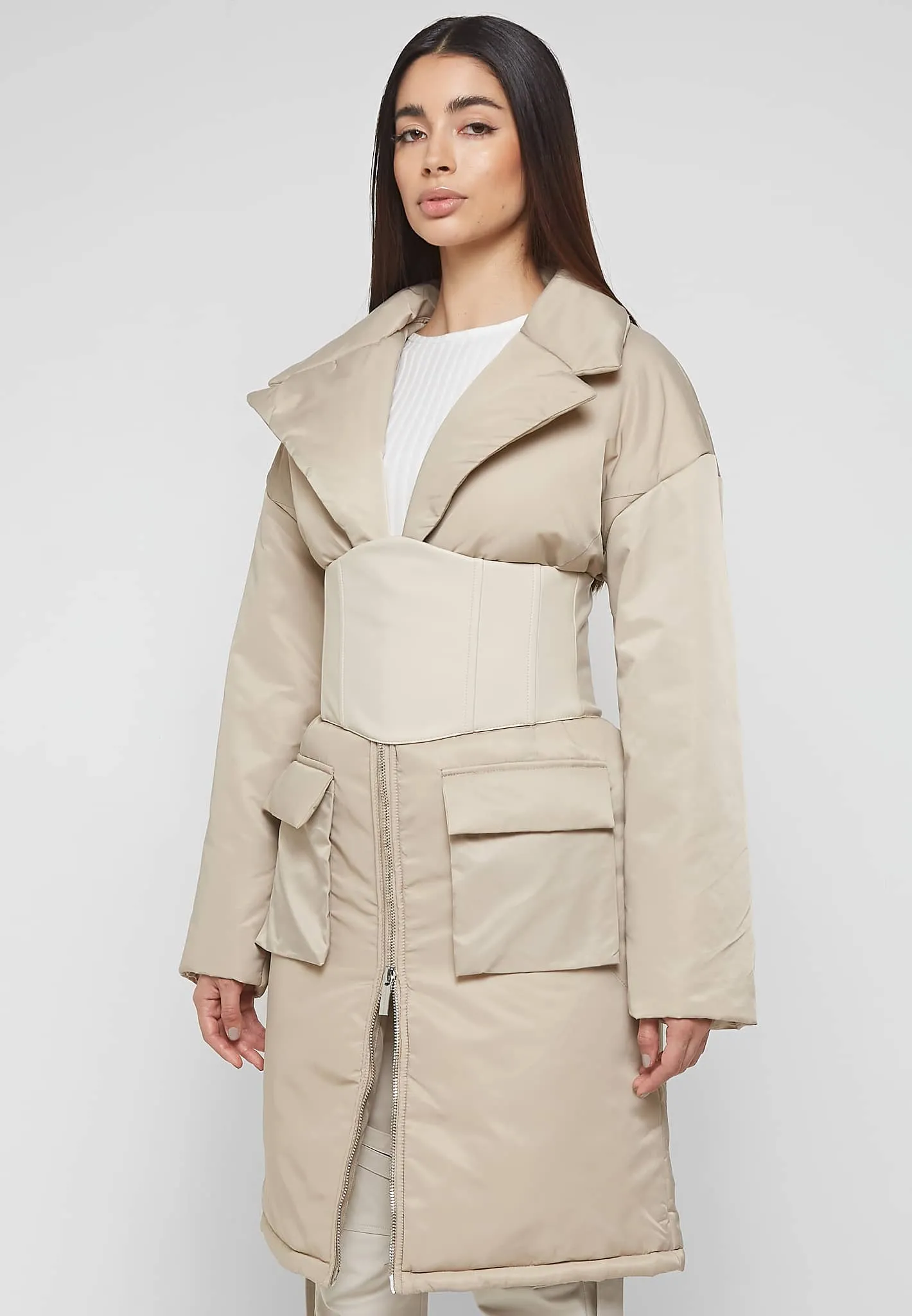 Longline Corset Puffer Coat - Beige