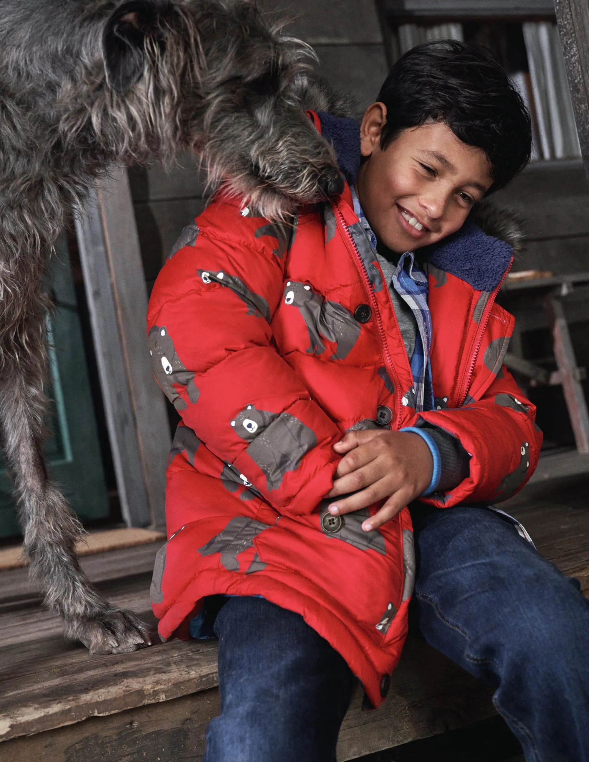 Longline Padded Jacket-Rockabilly Red Bears