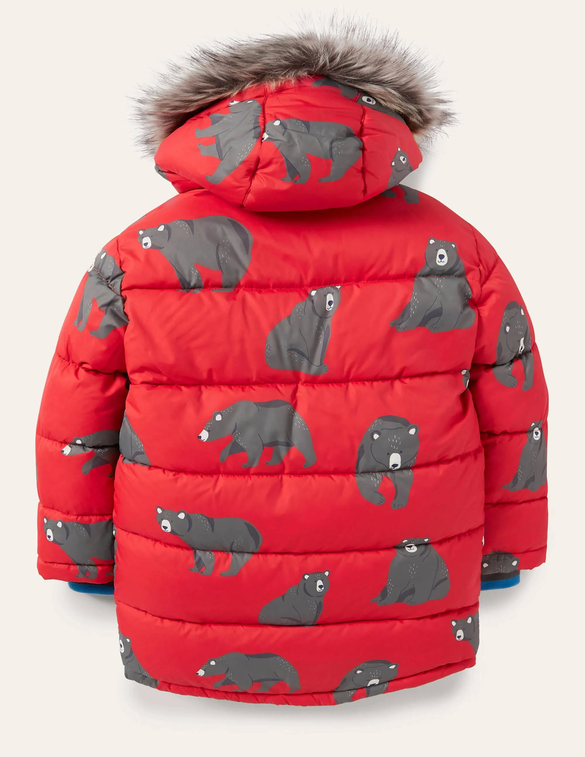 Longline Padded Jacket-Rockabilly Red Bears