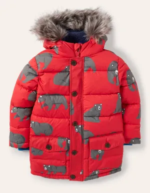 Longline Padded Jacket-Rockabilly Red Bears