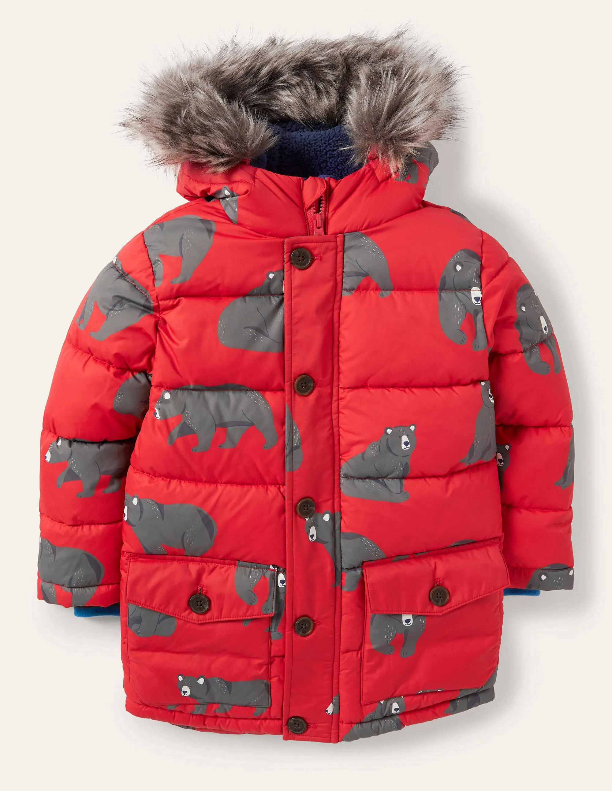 Longline Padded Jacket-Rockabilly Red Bears