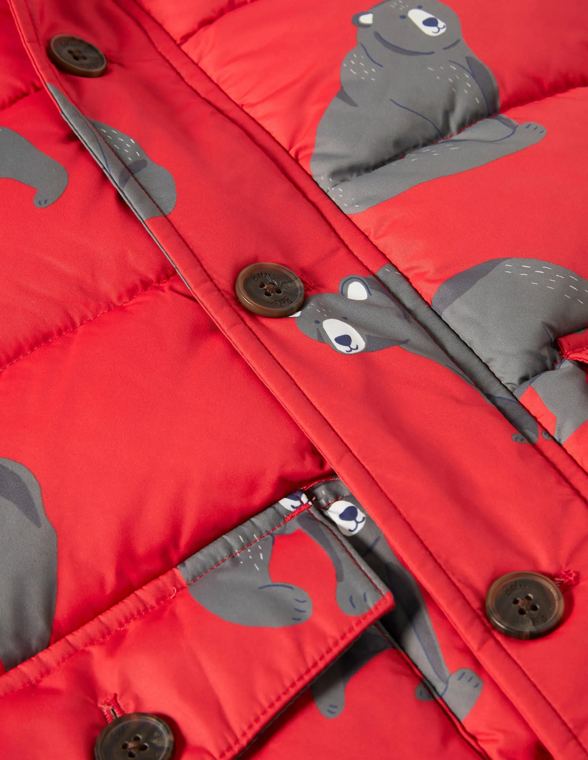 Longline Padded Jacket-Rockabilly Red Bears