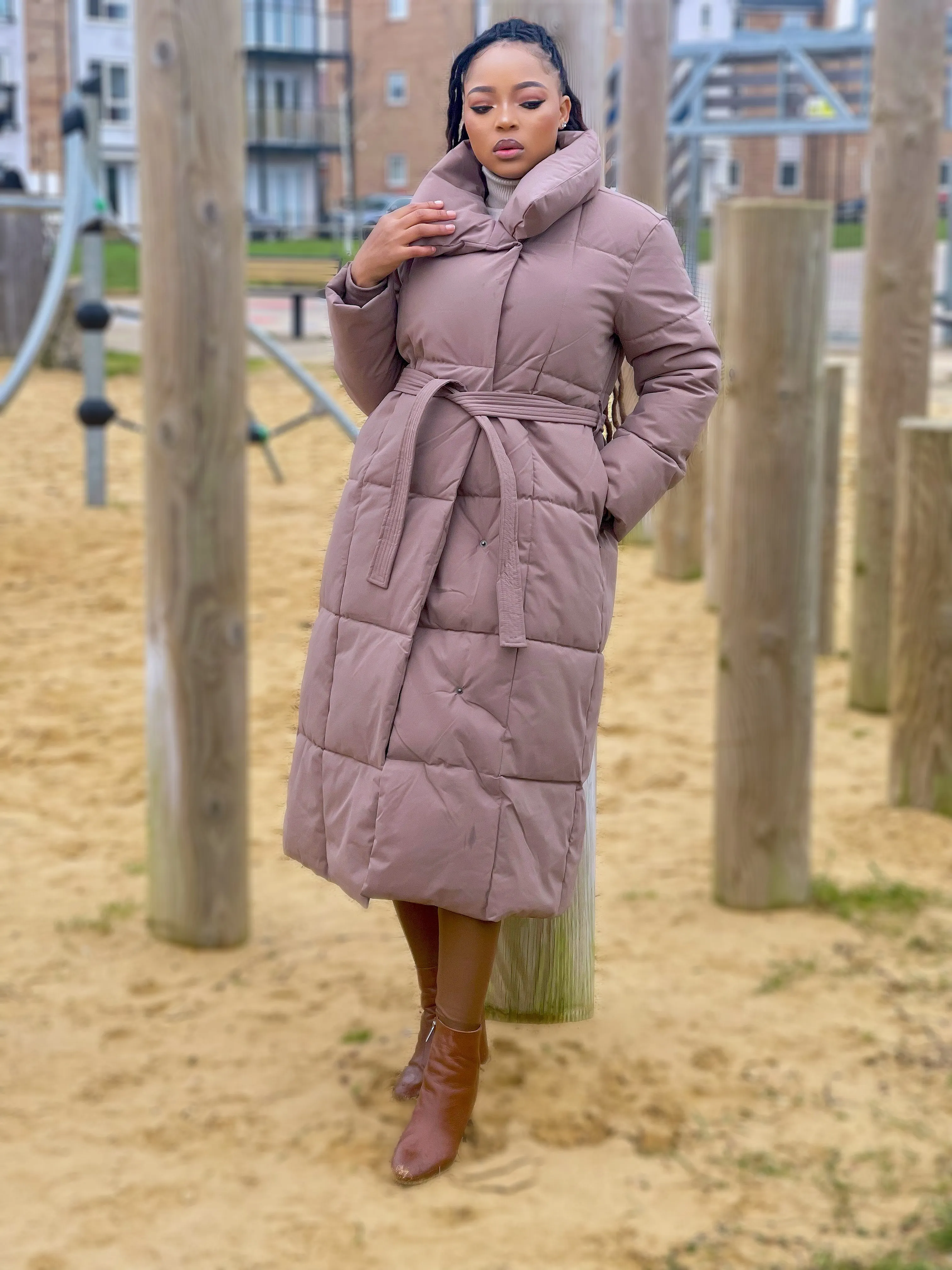 Maxi Longline Puffer Winter Jacket-Brown