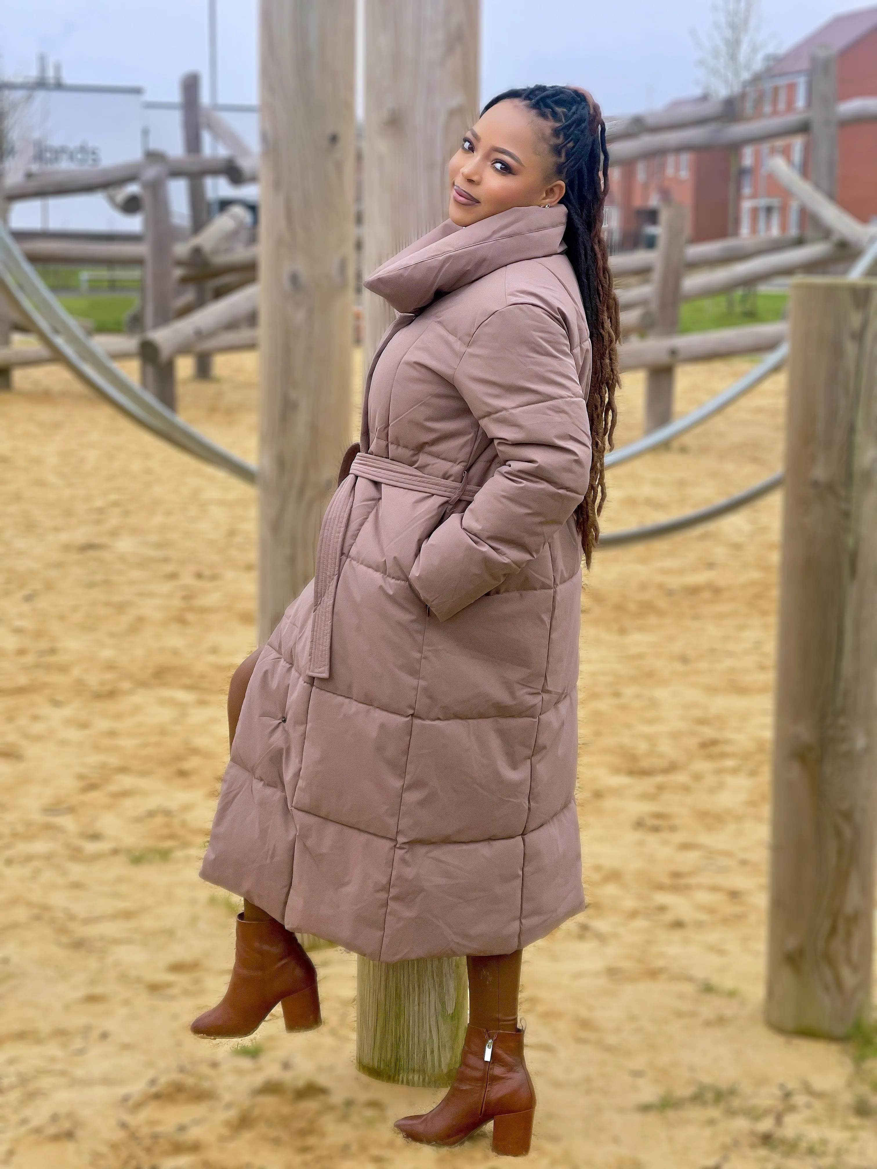 Maxi Longline Puffer Winter Jacket-Brown