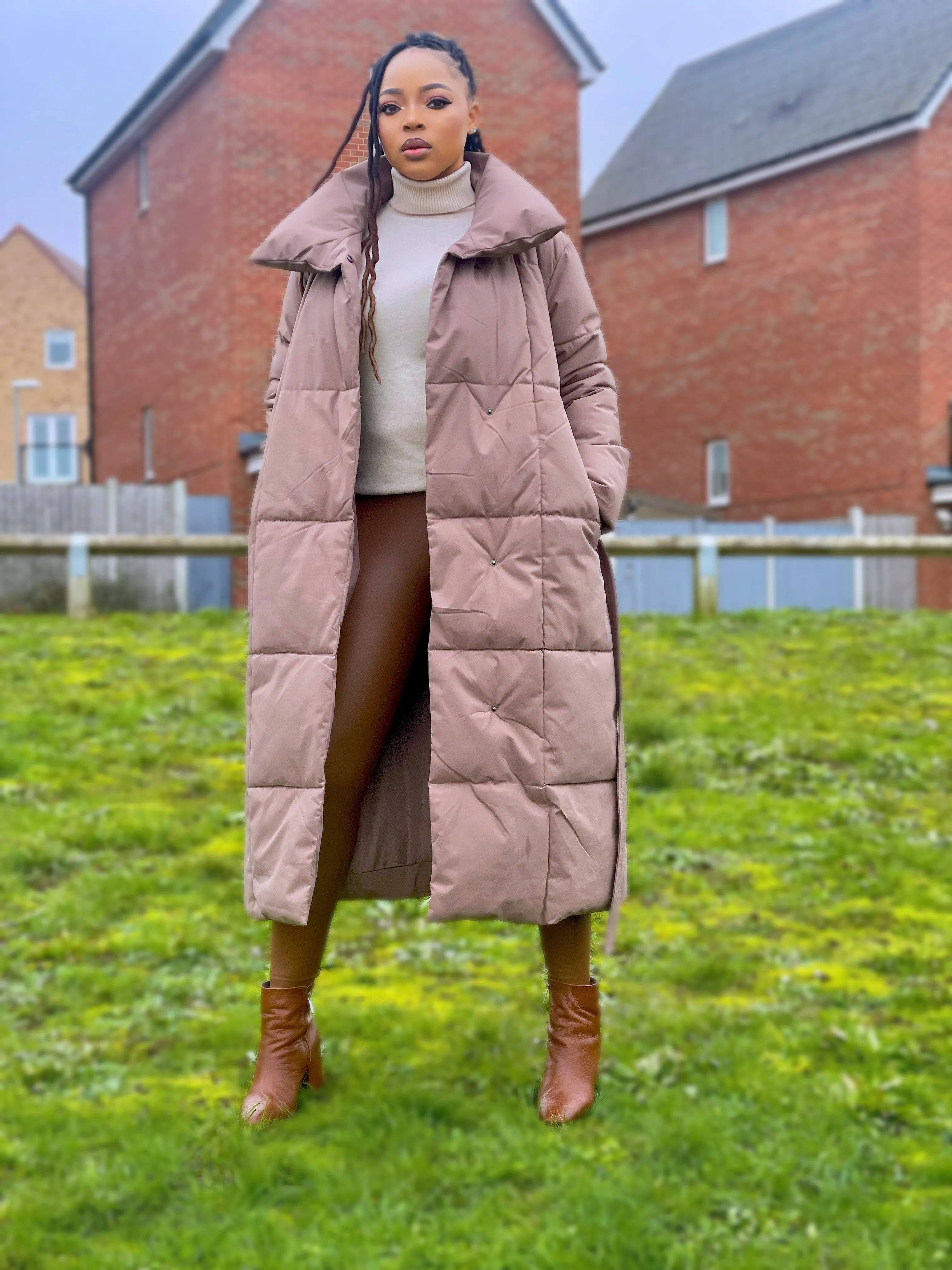 Maxi Longline Puffer Winter Jacket-Brown