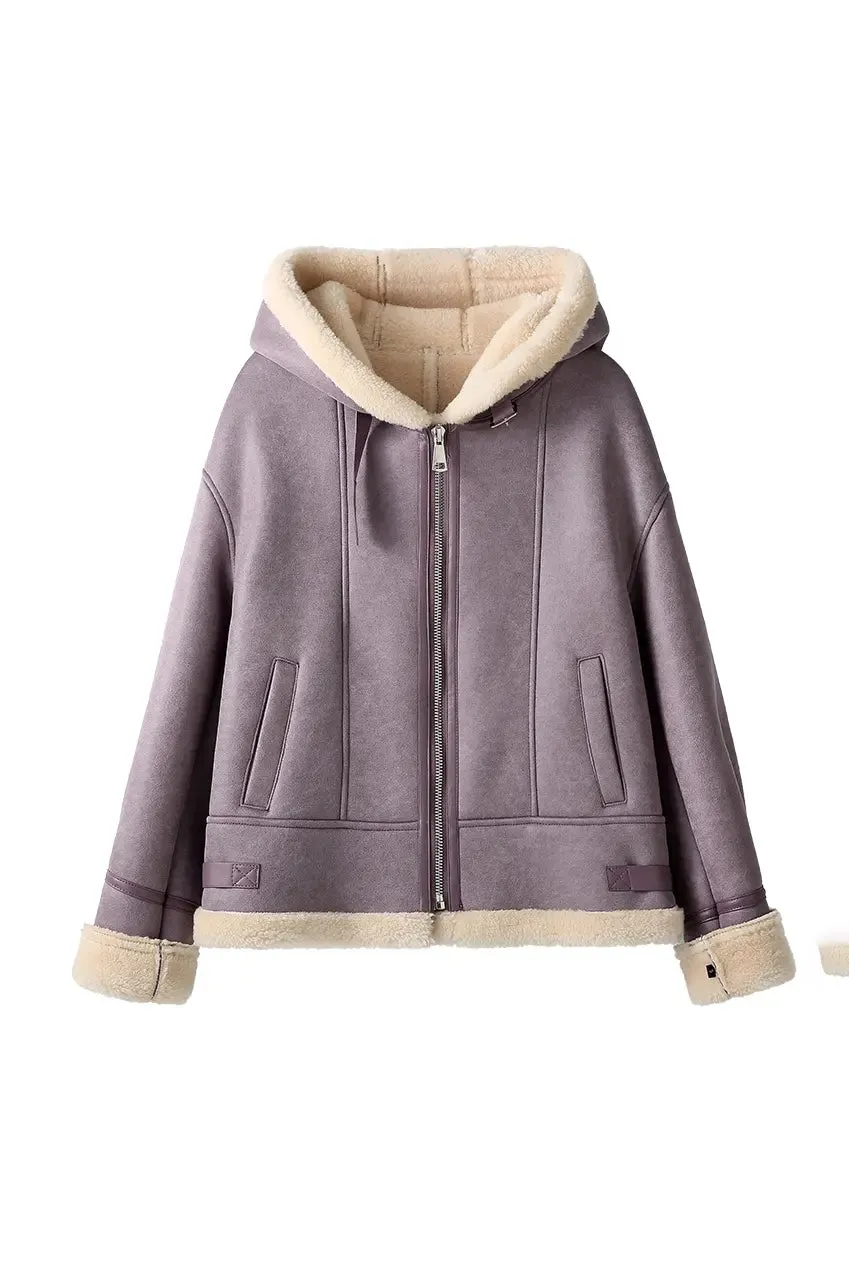 Purple Hooded Shearling Faux-leather Bomber Jacket