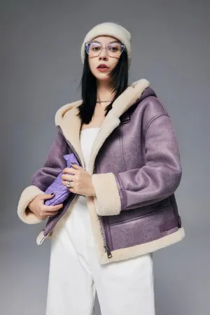 Purple Hooded Shearling Faux-leather Bomber Jacket