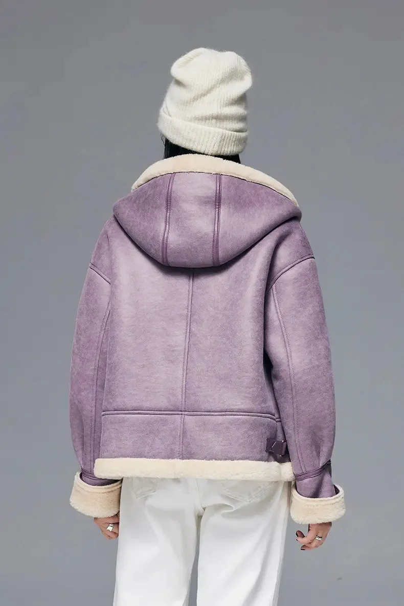Purple Hooded Shearling Faux-leather Bomber Jacket