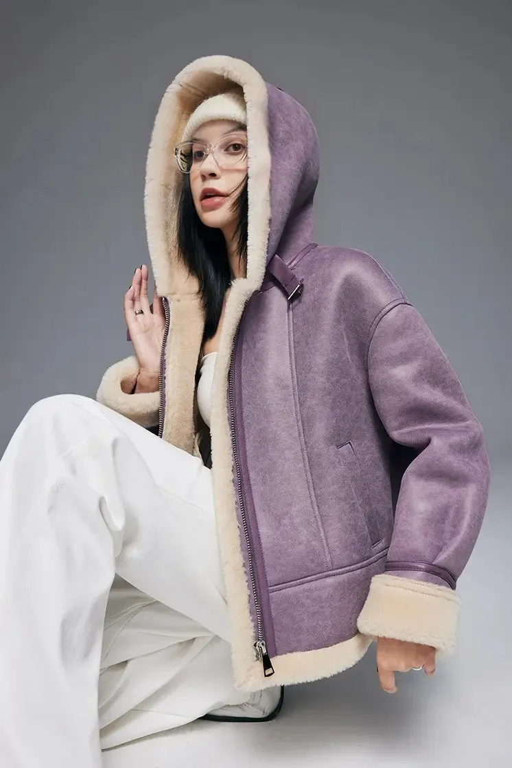 Purple Hooded Shearling Faux-leather Bomber Jacket
