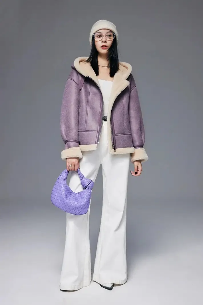 Purple Hooded Shearling Faux-leather Bomber Jacket