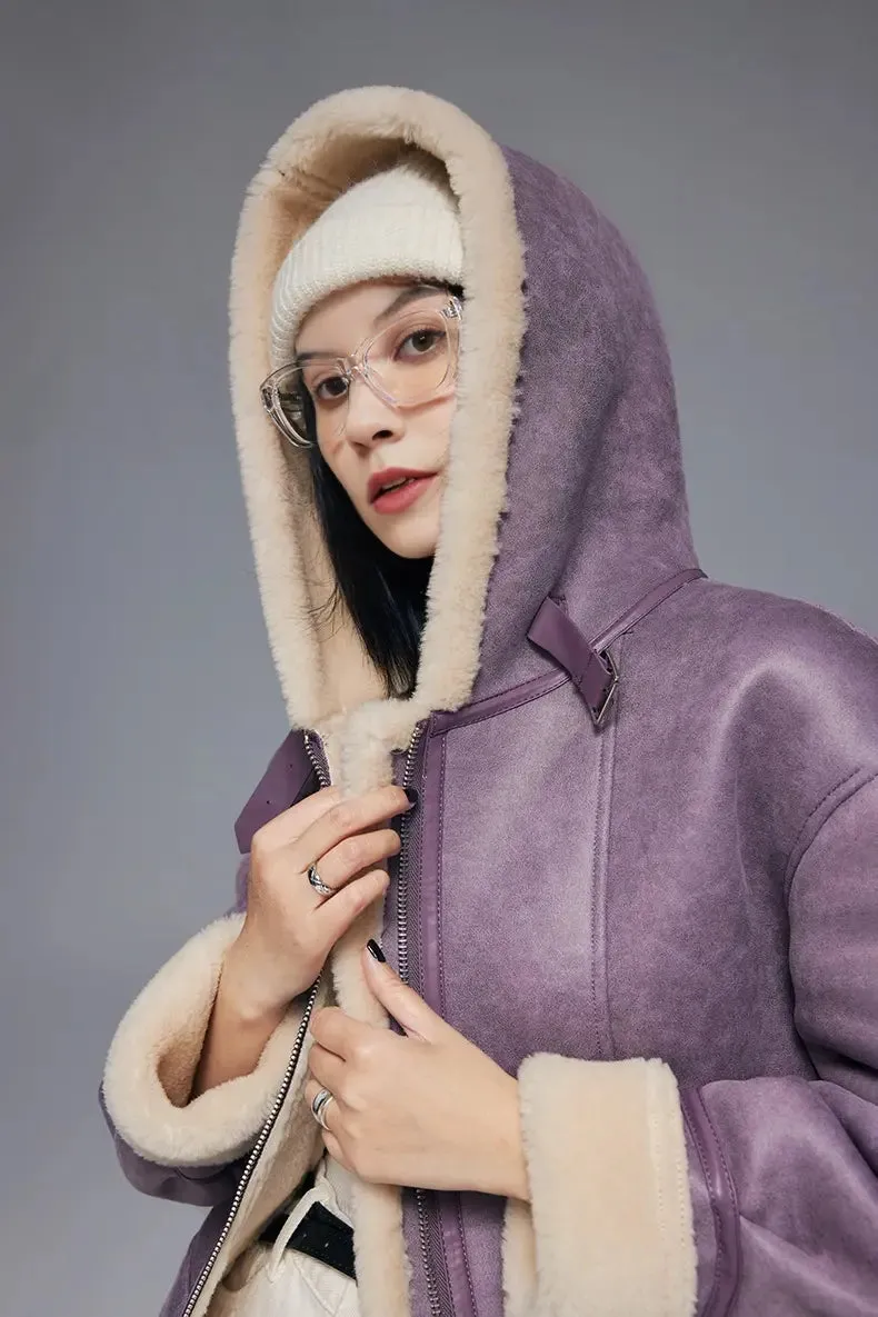 Purple Hooded Shearling Faux-leather Bomber Jacket