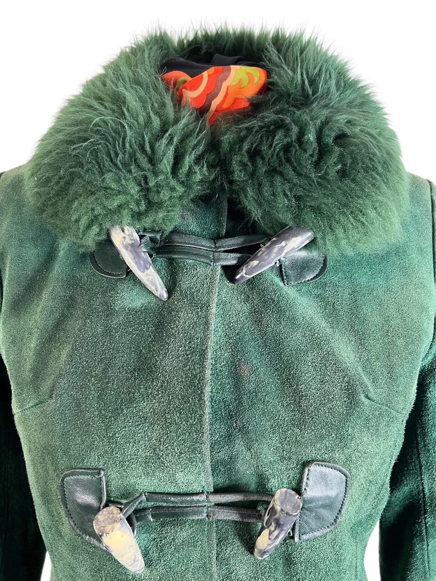 Rare Vintage 1970s Suede Shearling Duffle Toggle Coat in Green - Size UK 8
