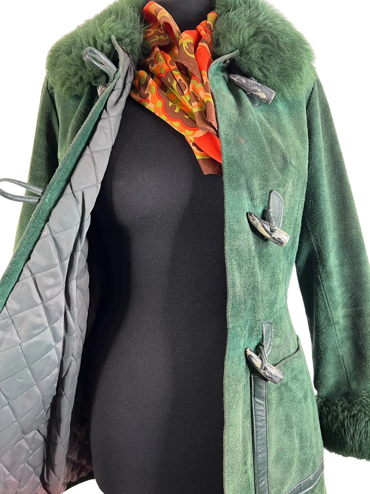 Rare Vintage 1970s Suede Shearling Duffle Toggle Coat in Green - Size UK 8