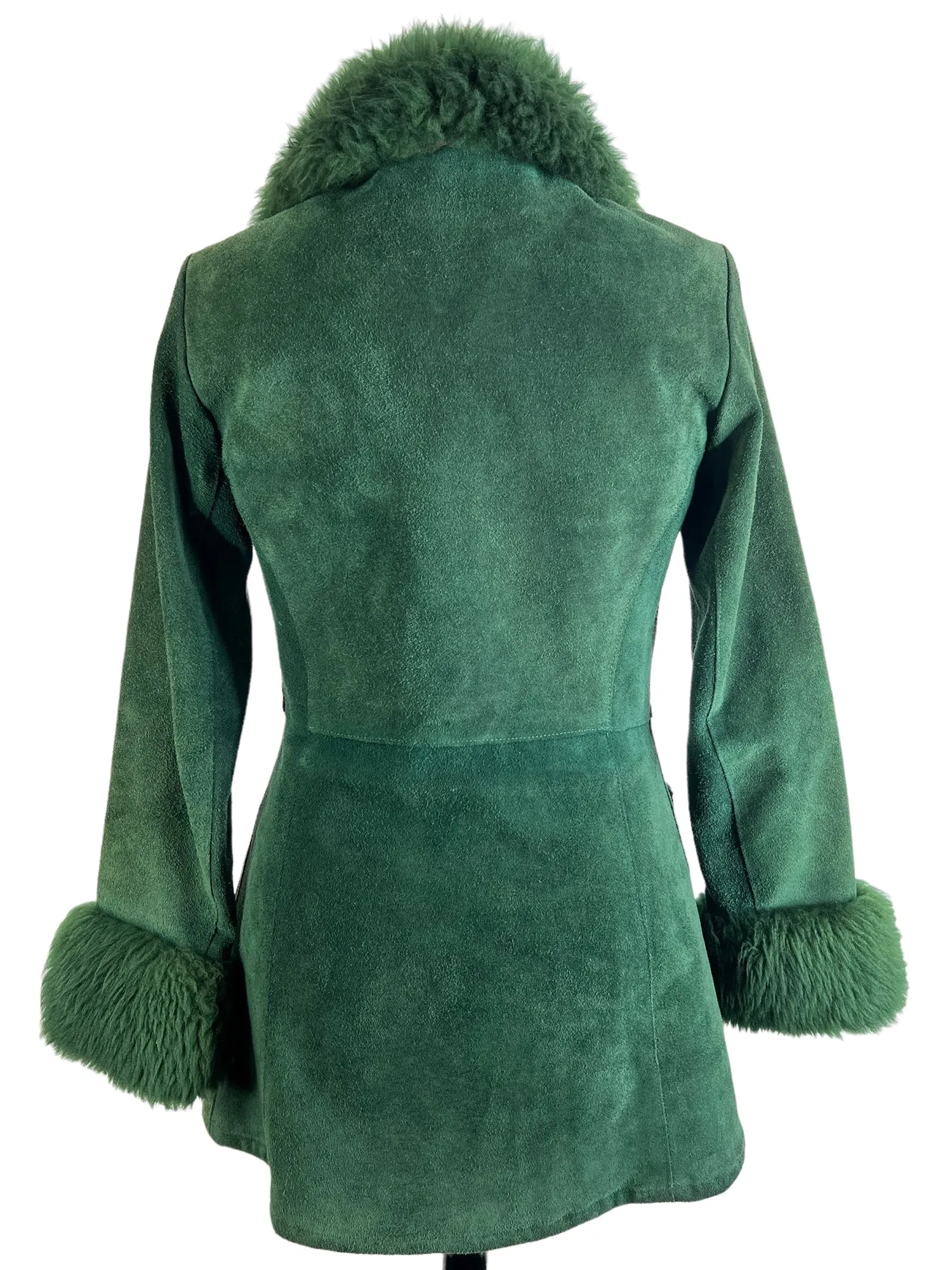 Rare Vintage 1970s Suede Shearling Duffle Toggle Coat in Green - Size UK 8