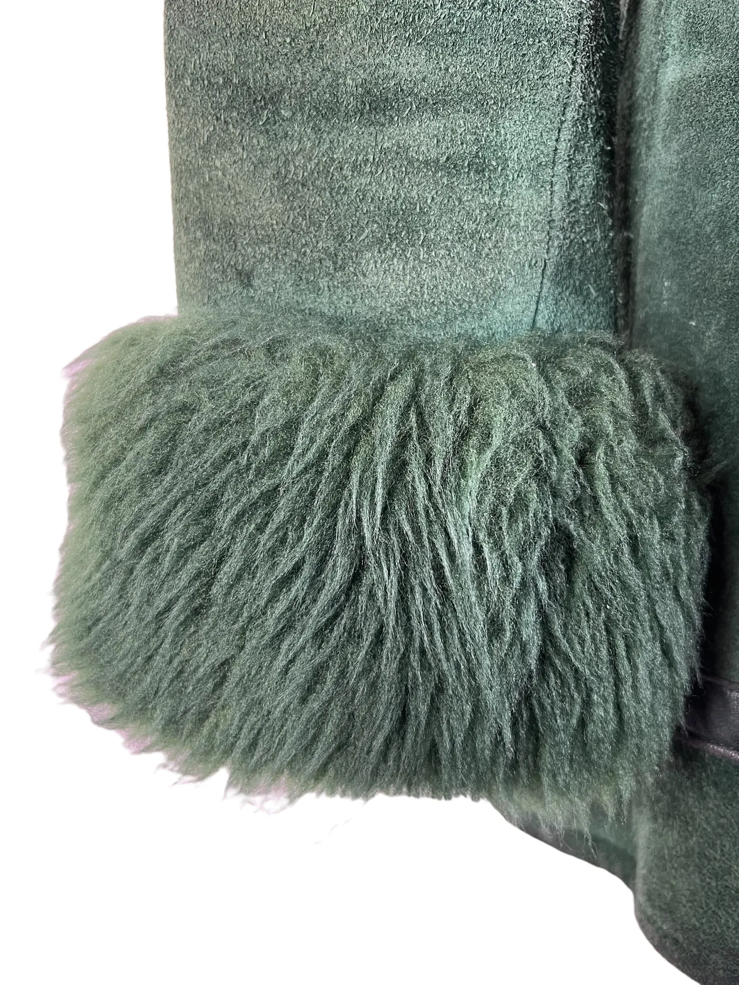 Rare Vintage 1970s Suede Shearling Duffle Toggle Coat in Green - Size UK 8