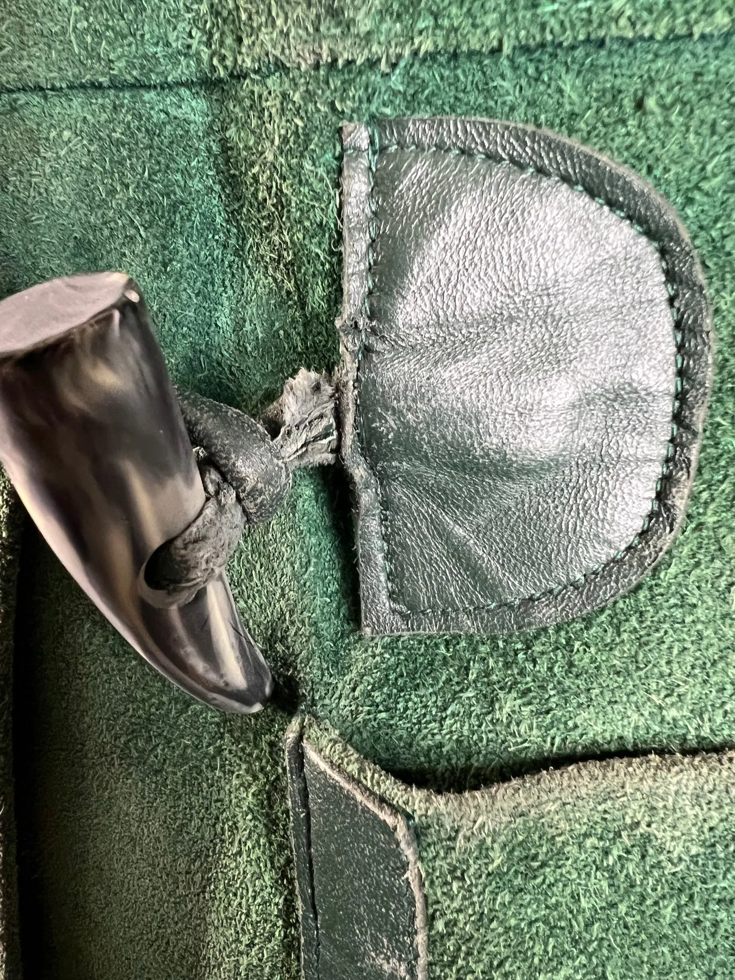 Rare Vintage 1970s Suede Shearling Duffle Toggle Coat in Green - Size UK 8
