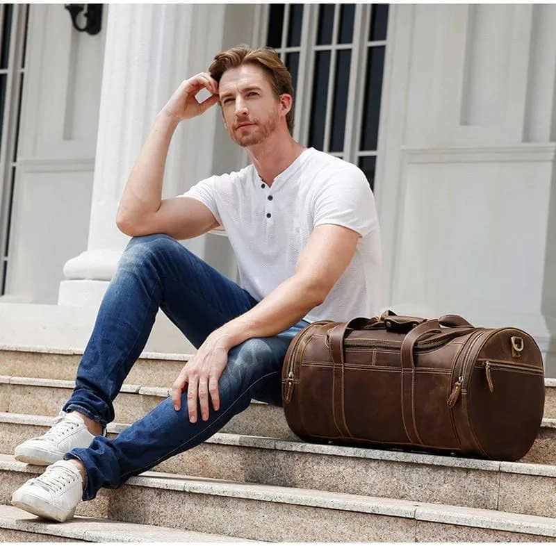 Round  Vintage Leather Duffle Bag Weekender