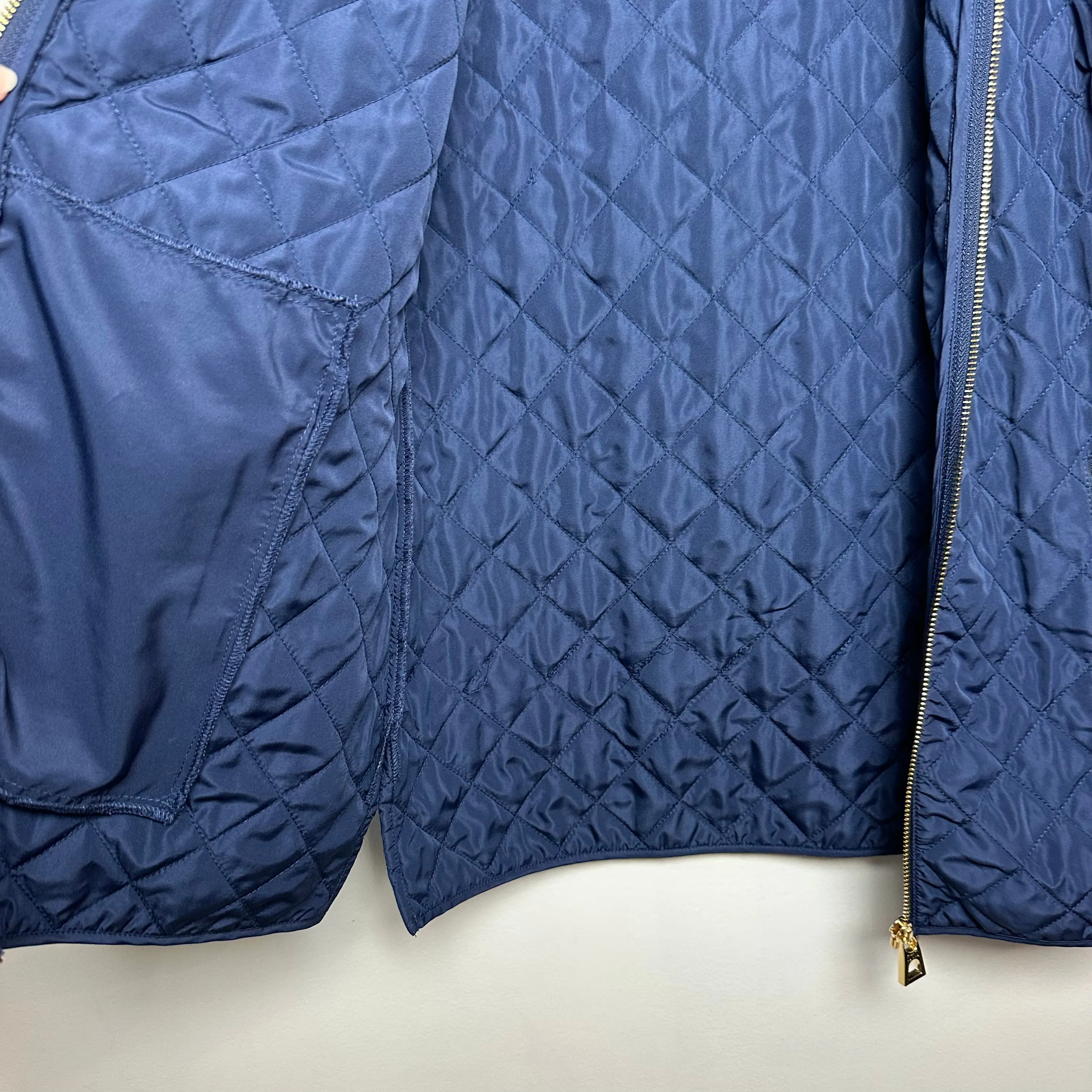 Sail to Sable Quilted Jacket Navy Blue Brown Faux Suede detail equestrian Small